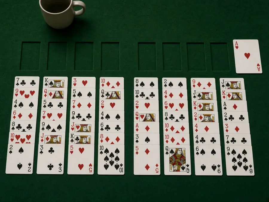 A FreeCell tableau with a fully cleared column and nearby columns ready to be rebuilt