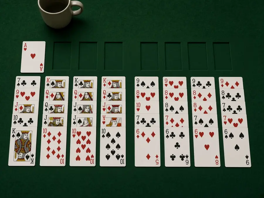 A FreeCell layout with a card parked briefly in a free cell while the rest of the tableau keeps working room