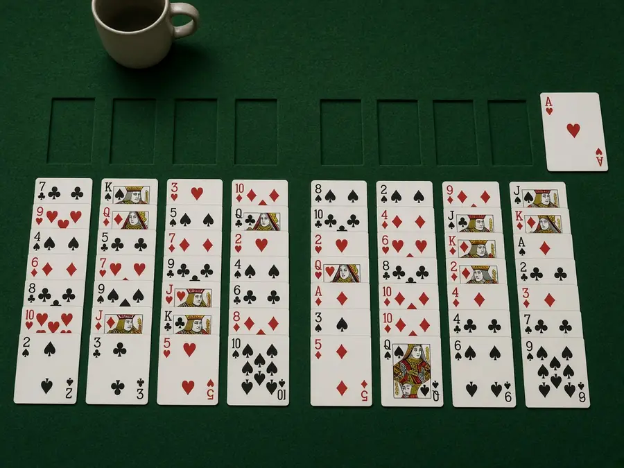 A FreeCell opening layout on a green table with low cards still buried in the columns