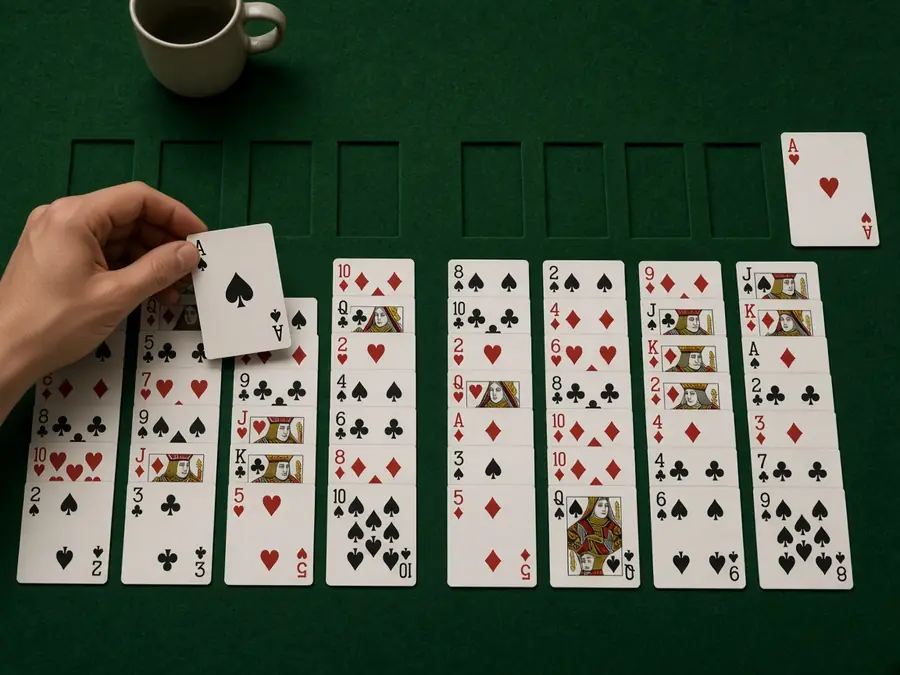 A spread of playing cards on a dark wooden table