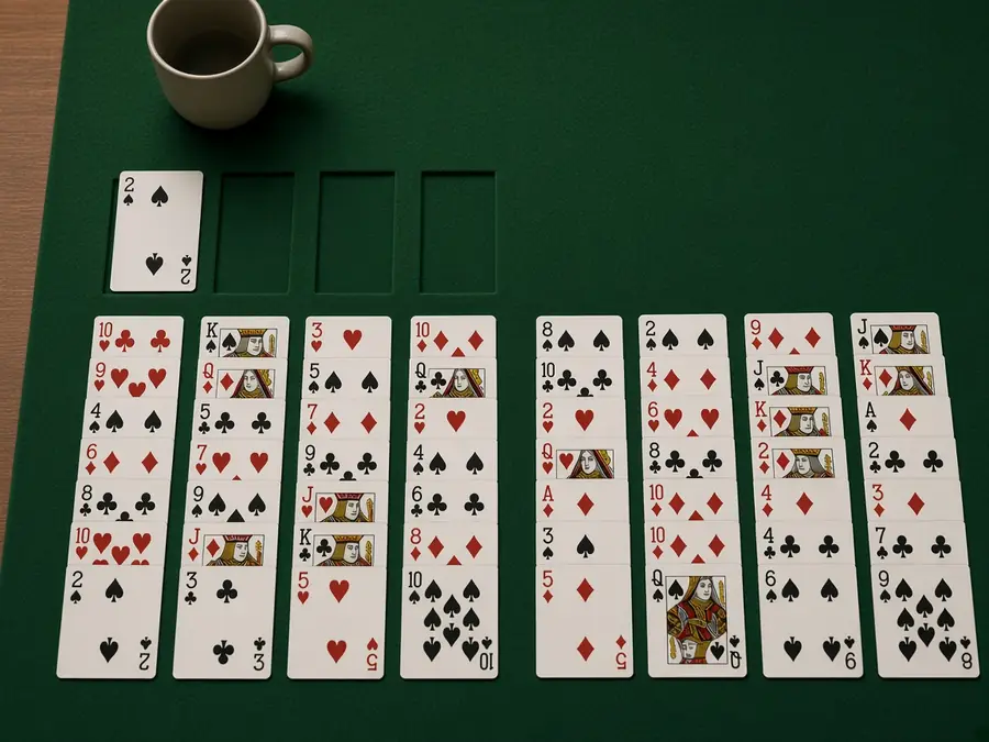 A close-up of playing cards on a green felt table